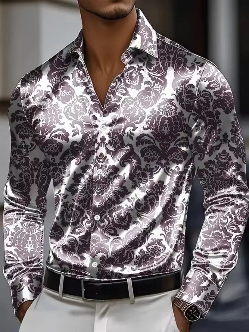 Men's long sleeved shirt, retro patterned 3D printed design, men's lapel button loose and comfortable casual vacation plus size