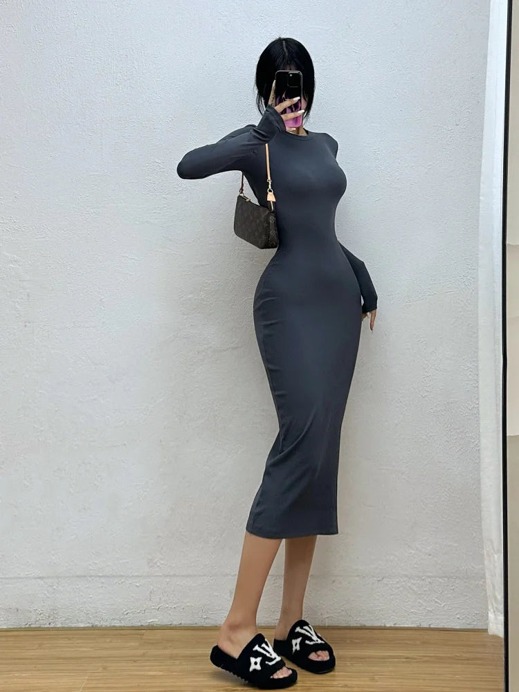 Sexy Backless WOMENGAGA Kink Maxi Long Dress Long-sleeve Round Neck Tight Slim Maxi Dress Long Robe Fashion Women Tops IT2O