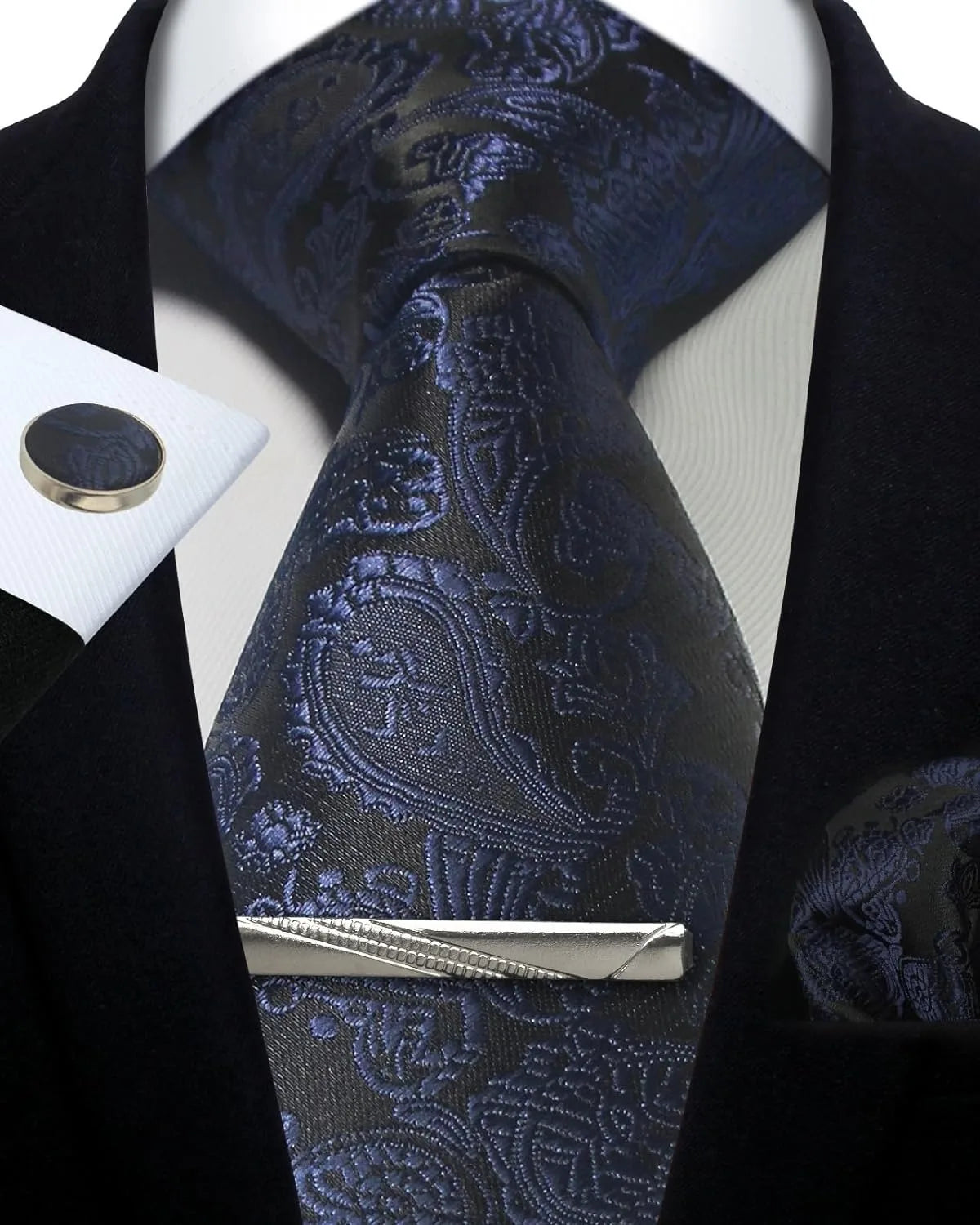 Mens Tie Set Silk Silver Paisley Floral Necktie and Pocket Square Cufflinks Tie Clip Classic Formal Ties for Men Wedding Party