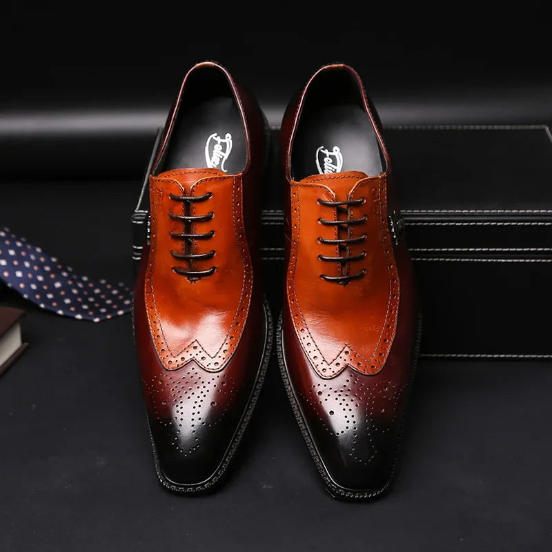 Classic Men's Brogue Oxford Dress Shoes Luxury Genuine Brown Cow Leather Pointed Toe Lace-Up Wedding Party Formal Shoe for Men