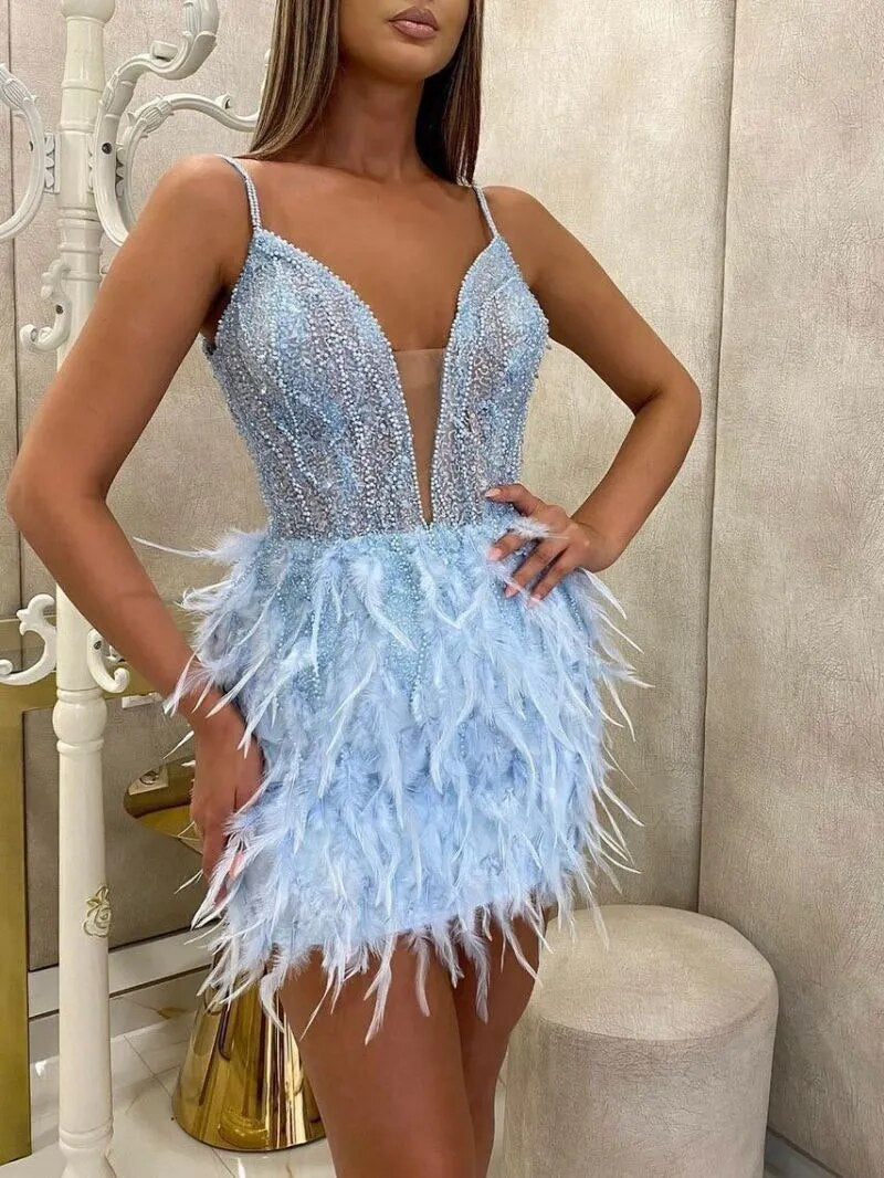 New Summer Sexy  Backless Feather  Midi Women Bodycon Bandage Dress 2022 Designer Fashion Party Club Dress Vestido