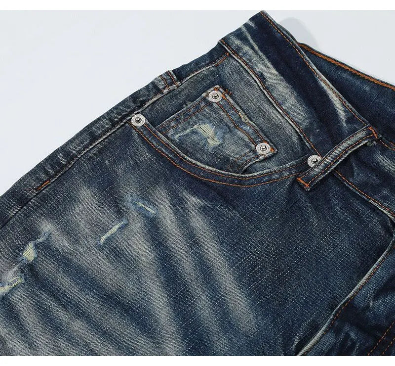 Fashionable new men's jeans with pleated elastic slim fit, retro washed blue jeans, high street designer hip-hop brand pants, ho