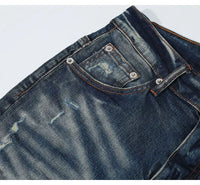 Fashionable new men's jeans with pleated elastic slim fit, retro washed blue jeans, high street designer hip-hop brand pants, ho