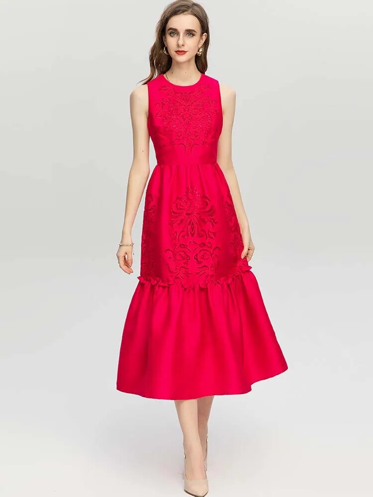 MoaaYina Fashion Designer dress Autumn Winter Women Dress Sleeveless High waist Hollow Embroidery Red Party Dresses