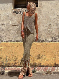 2023 Sexy Camisole Blouse Tassel Beach Long Skirt Two-piece Set