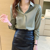 Silk Shirts Women Long Sleeve Shirts Blouses for Women Satin Clothing Office Lady Solid Silk Shirt Blouse Tops  17276