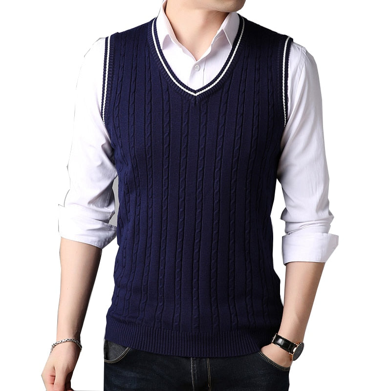 BROWON Men Clothes 2023 Autumn Winter New Classic Slim Sweaters V-neck Sleeveless Sweater Mens Knitwear Sweater Vest for Men