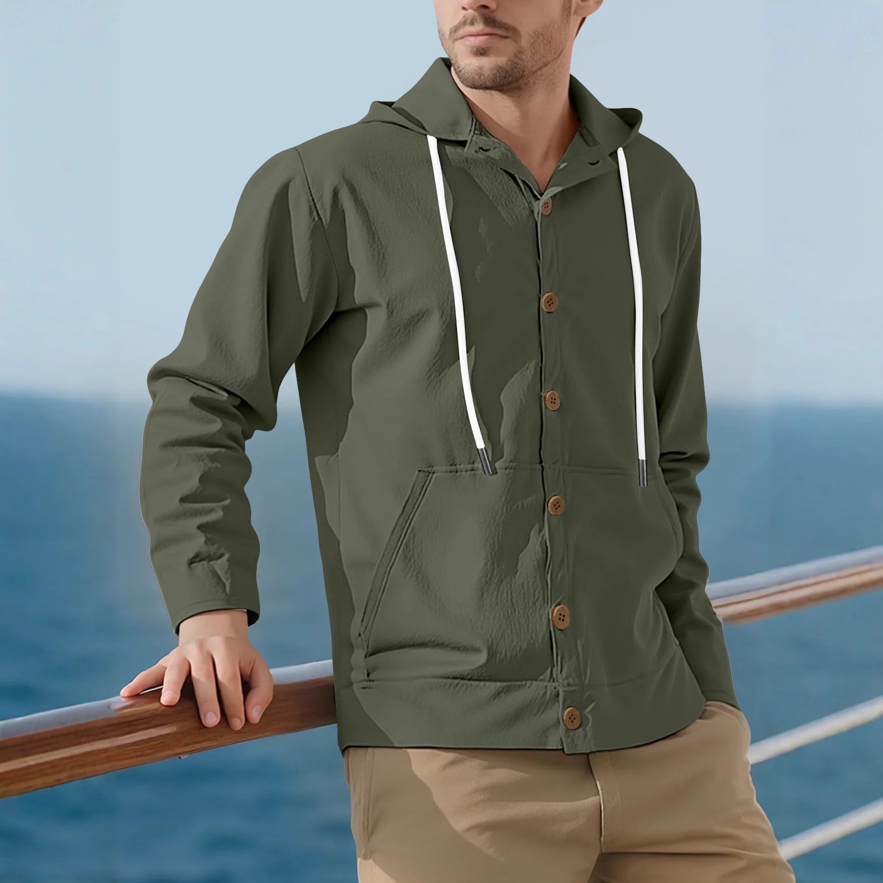 European and American Men's Button-up Shirt Loose Cotton Linen Casual Simple Beach Hooded Long-sleeved Jacket