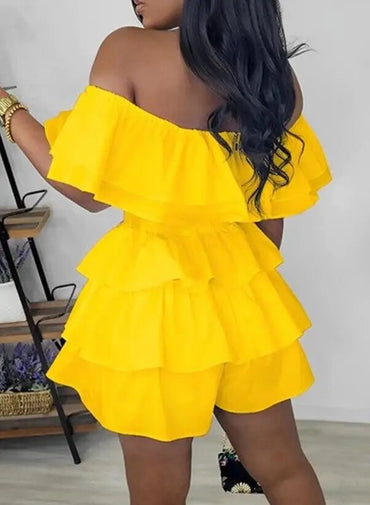 Jumpsuit Women 2023 Summer Fashion Off Shoulder Layered Ruffles Casual Plain Short Sleeve Daily Above Knee Romper Streetwear