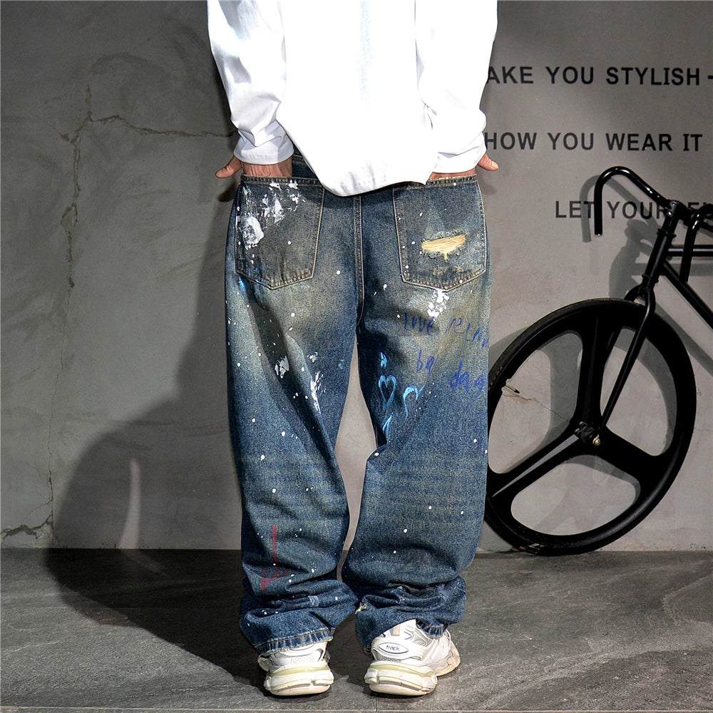 High End Men'S Clothing Hip Hop Graffiti Baggy Jeans For Men Streetwear Skateboard Ripped Jeans Korean Trendy Denim Trousers