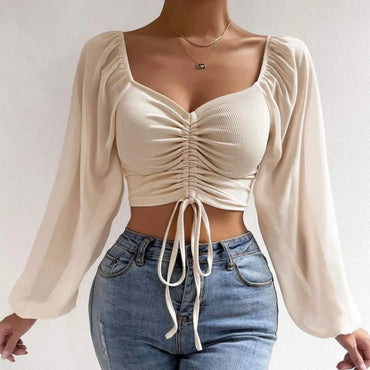 Sexy Mesh Lantern Sleeves Drawstring Wrap Chest Bare Midriff T Shirt Women Long Sleeves Bottoming Shirt Ladies Tee Shirt Tops