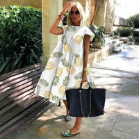 Summer Fashion Boho Print Dress Lady Casual O-Neck Pullover Ruffles Short Sleeve Loose Dresses For Women Holiday Beach Dress New