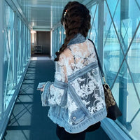 Mesh Embroidery Hole Denim Jacket 2025 Summer Lace Stitching Girlish Top