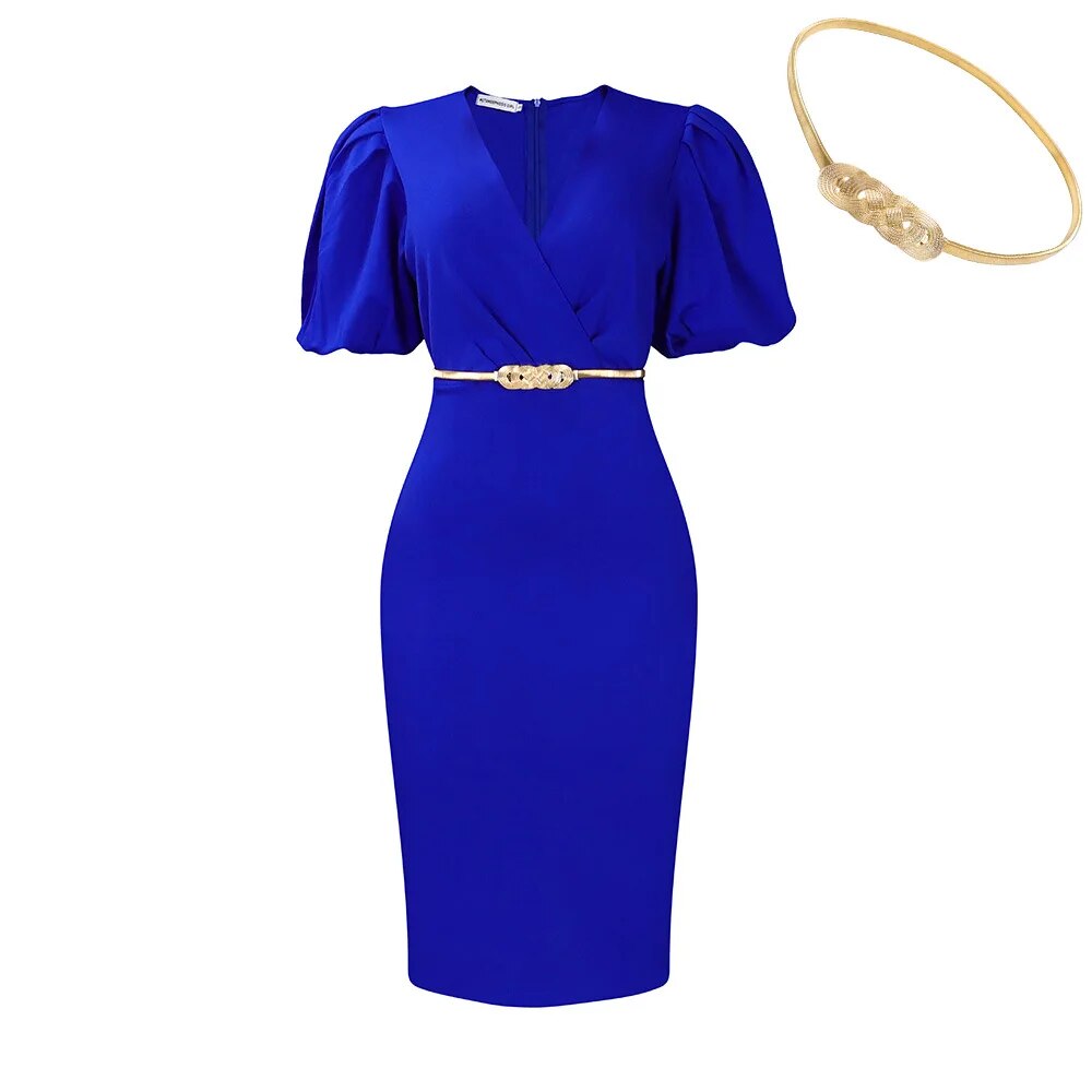 African Clothing Ladies Wear Elegant Fashion Puff Sleeve Church Dresses Women Sexy V Neck Straight Midi Dress with Belt