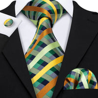 Barry.Wang Plaid Silk Men Tie Hanky Cufflinks Set Checked Jacquard Necktie for Male Formal Casual Wedding Business Party Events