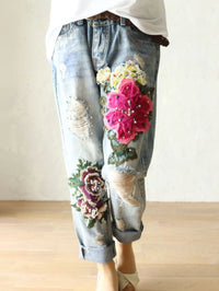 2025 Fashion Jeans For Women Summer Casual Floral Embroidery Denim Trousers Ladies Elegant New Females Loose Harem Pants