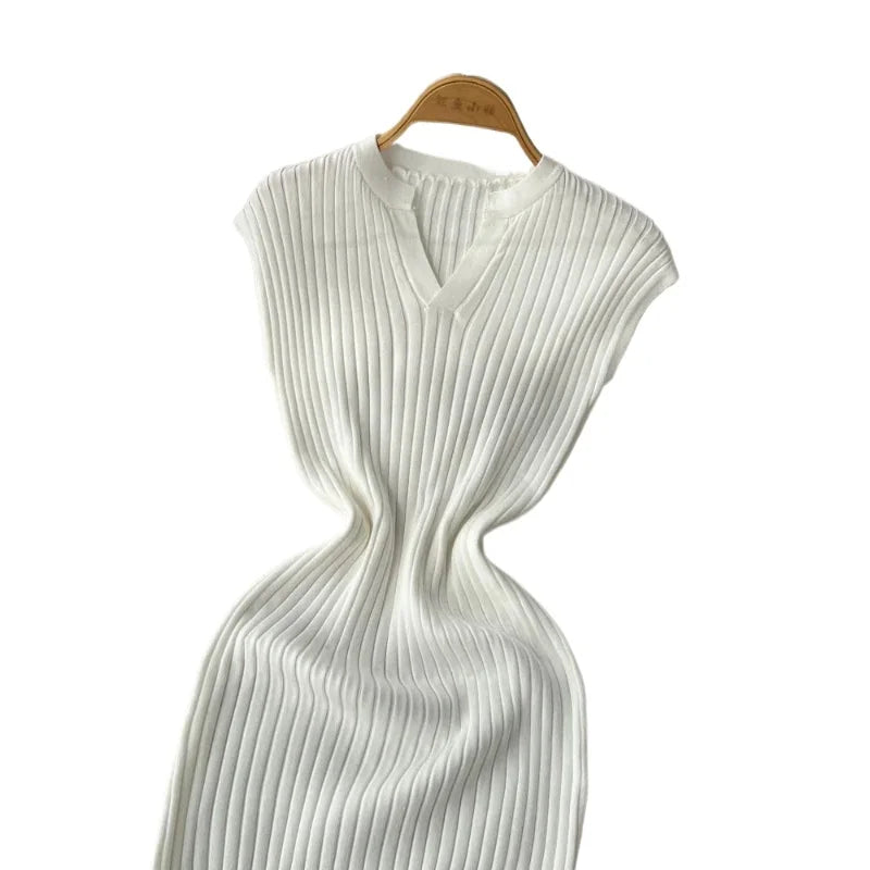Women's White V-Neck Sleeveless Elastic Sundress Knit Bodycon Maxi Dress Solid Side Slit Casual Summer Daily Party Long Dress