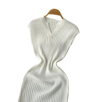 Women's White V-Neck Sleeveless Elastic Sundress Knit Bodycon Maxi Dress Solid Side Slit Casual Summer Daily Party Long Dress