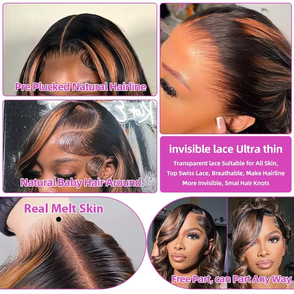 1B/30 Highlight 13x6 Lace Frontal Human Hair Wigs Ombre Black Brown Colored Preplucked 36Inch Body Wave Lace Front Wig For Women