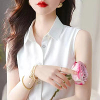 Elegant Lapel Button Solid Color Sleeveless Shirts Women's Clothing 2025 Summer New Loose Chic Tank Top Office Lady Blouses
