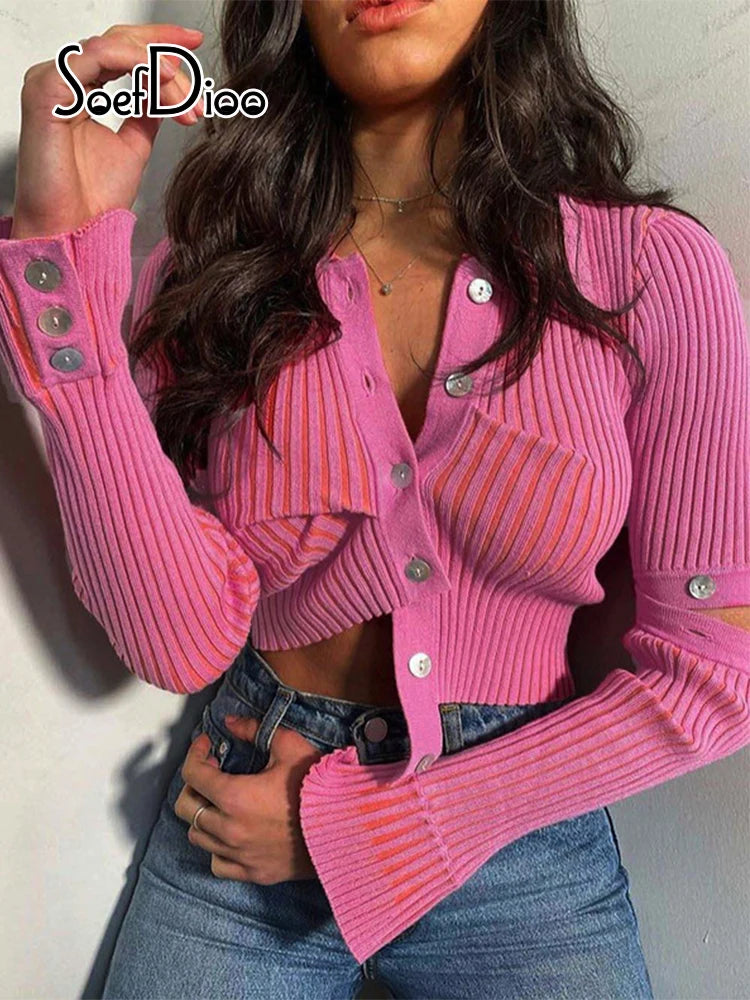 Soefdioo Fashion Design Irregular Detachable Long Sleeve Sweater Fall 2022 Rose Red Knitted Lapel Single Breasted Slim Corp Top