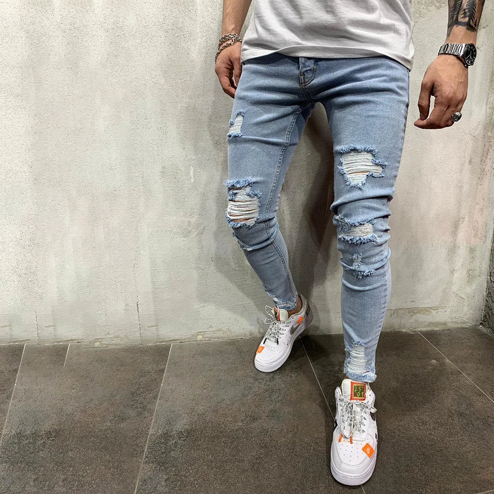 Punk Street Ripped Skinny Jeans Men Vintage Wash Solid Denim Trouser Mens Casual Slim Fit Pencil Denim Holes out Pants 2024