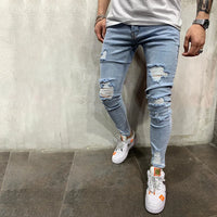 Punk Street Ripped Skinny Jeans Men Vintage Wash Solid Denim Trouser Mens Casual Slim Fit Pencil Denim Holes out Pants 2024