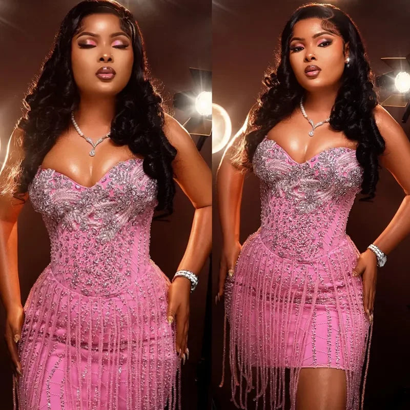 Pink Cocktail Dresses Short Mini Dress Sweetheart Appliqued Lace Tassel Beaded Homecoming Dresses Mini Gown Customized