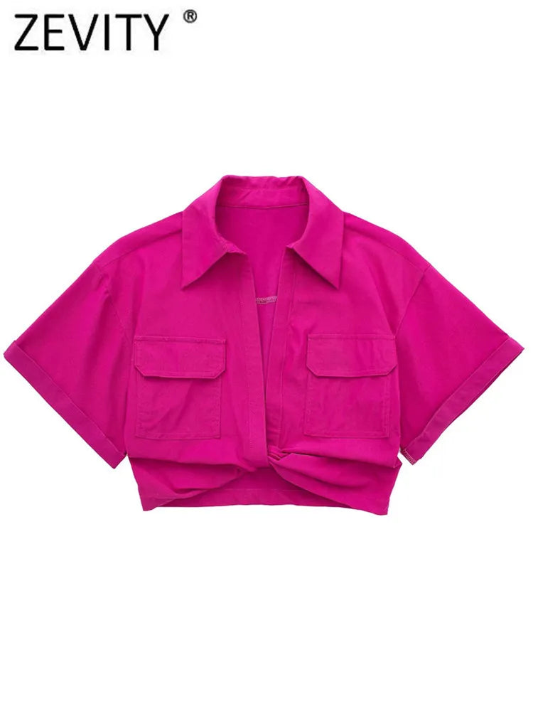 Zevity Women Safari Style Pockets Patch Knotted Linen Short Smock Blouse Lady Chic Kimono Cropped Shirt Blusas Tops LS1376