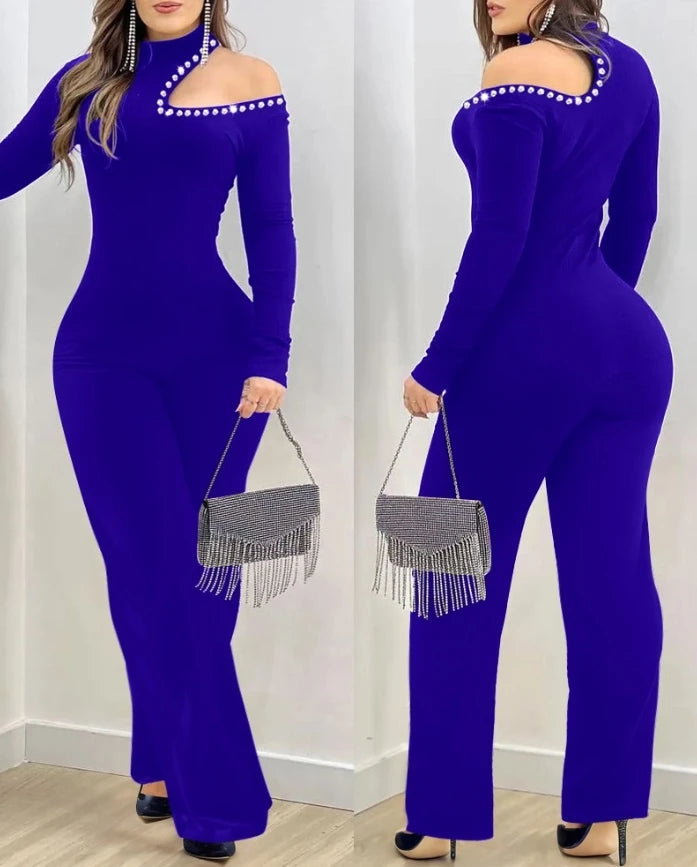 Elegant Women's Jumpsuit Basic Sexy Hollow Out Rhinestone Cold Shoulder High Neck Jumpsuit Long Sleeve Slim Fit Flared Jumpsuit