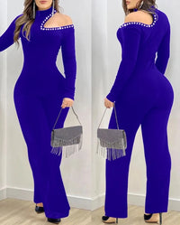 Elegant Women's Jumpsuit Basic Sexy Hollow Out Rhinestone Cold Shoulder High Neck Jumpsuit Long Sleeve Slim Fit Flared Jumpsuit
