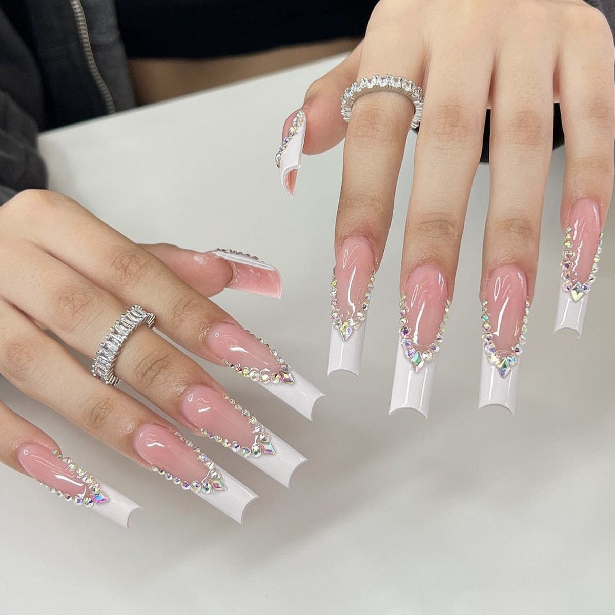 24pcs False Nails with glue flower design Long Coffin French Ballerina Fake Nails Full Cover acrylic Nail