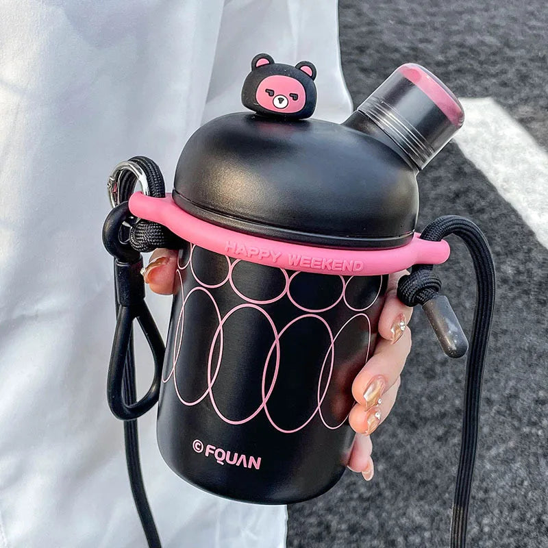 Cartoon Cute Stainless Steel Insulation Water Bottle Outdoor Double Drink Thermos Cup Portable Children Vacuum Straw Thermal Cup