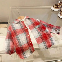 Autumn Children's clothes Girls Boys Casual Retro Lapel Shirt Long Sleeves Single-breasted Tops Blouses Plaid Shirts