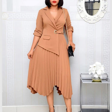 Women Elegant Dresses Blazer Pleated Irregular Length with Button Work Wear Office Ldies Modest Female Fashion Autumn New 2023