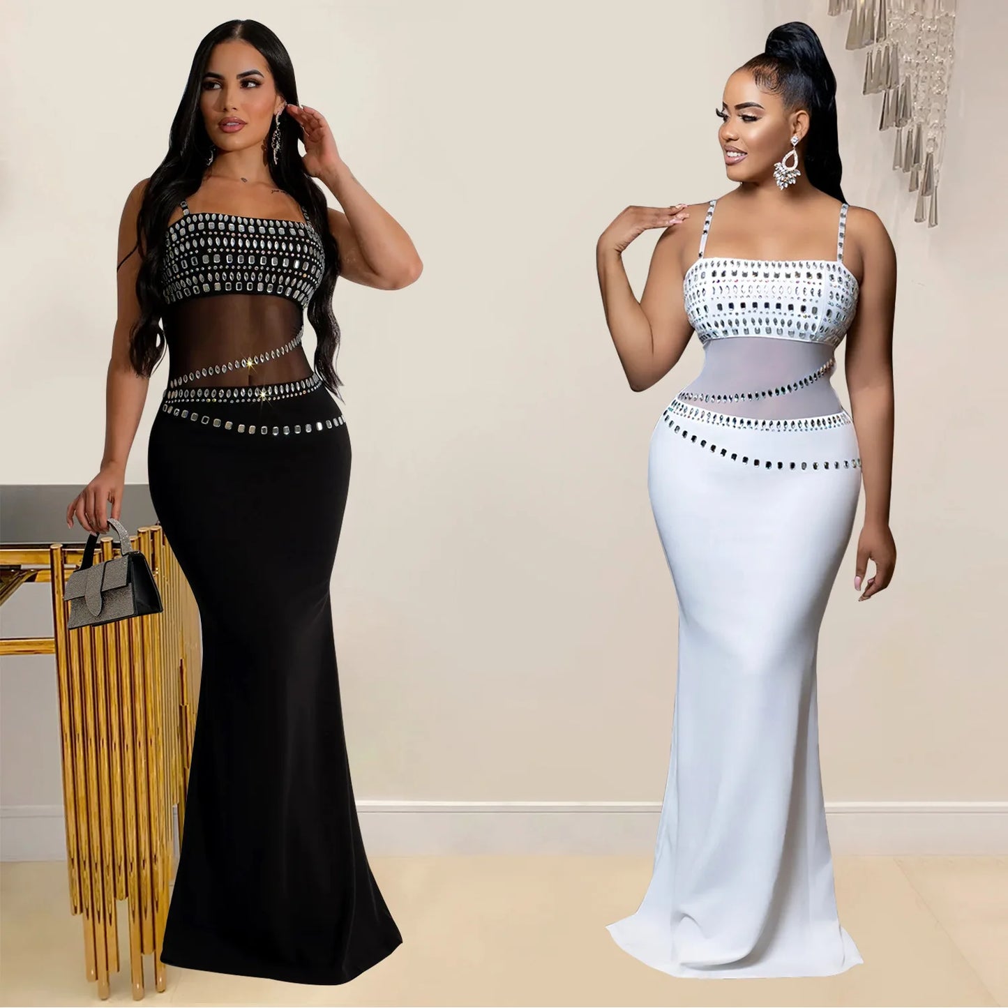 Fashion Women's Hot Diamond Mesh Dresses Summer New Sexy Transparent Lace Party Elegant Female Maxi Dress 2025