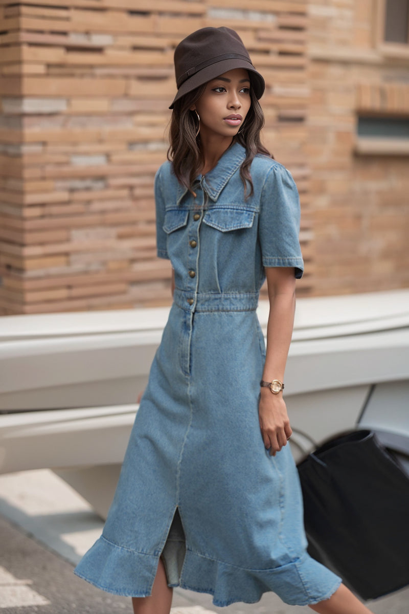 Summer Washed Women Workwear Fishtail Denim Dress