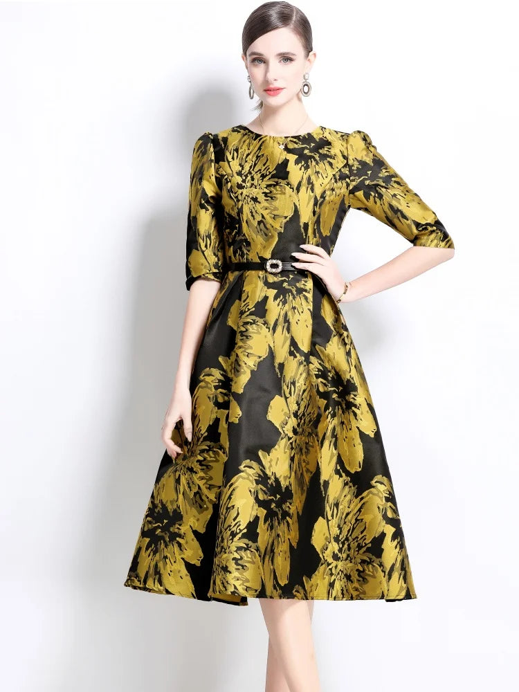 New Spring  French Temperament Elegant Jacquard Exquisite Dress Women's O-Neck Half Sleeve Slim Waist Dresses