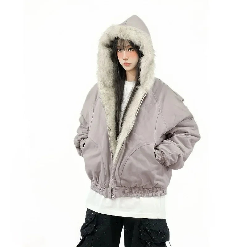 Winter Street Fashion Fur Collar White Zipper Hooded Short Jacket Women Casual Thicken Warm Coat Y2k Harajuku Sweet Outwear New