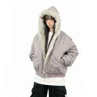 Winter Street Fashion Fur Collar White Zipper Hooded Short Jacket Women Casual Thicken Warm Coat Y2k Harajuku Sweet Outwear New