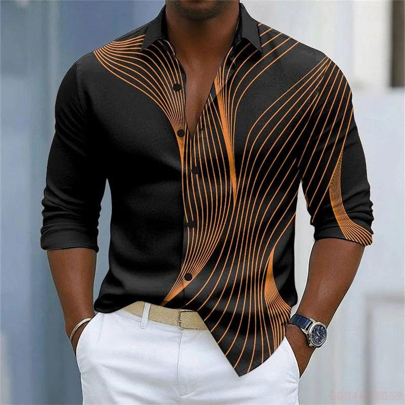 Men's shirt with simple geometric lines printed in contrasting colors, loose long sleeved top, daily casual versatile shirt