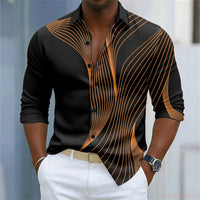 Men's shirt with simple geometric lines printed in contrasting colors, loose long sleeved top, daily casual versatile shirt