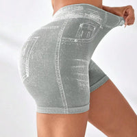 Women V back Shorts Faux Jeans Elastic Workout Sports Yoga Pants Butt Lifting Leggins Fitness Athletic Short Tights Seamless