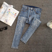 European Station Beaded Jeans Women's Summer 2025 New Versatile Ripped Elastic Skinny Small Foot Nine-point Pants