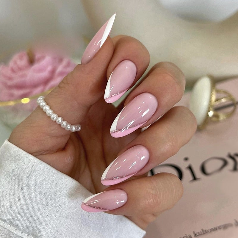 24Pcs Oval Head False Nails Pink Almond Artificial Fake Nails With Glue Full Cover Nail Tips Press On