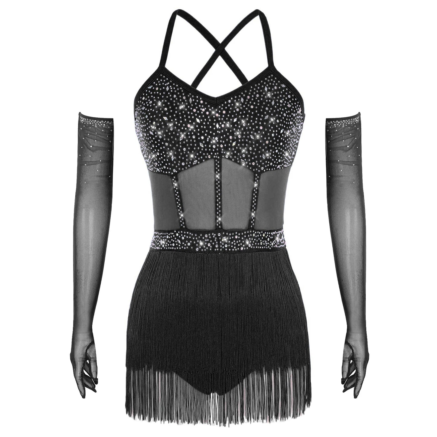 Womens Latin Dance Dress Sheer Mesh Patchwork Tiered Tassel Bodysuit Dress and Gloves for Tango Samba Dance Ballroom Dancewear