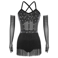 Womens Latin Dance Dress Sheer Mesh Patchwork Tiered Tassel Bodysuit Dress and Gloves for Tango Samba Dance Ballroom Dancewear
