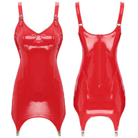 Womens Latex Bodycon Tight Mini Dress Rave Clubwear Back Zipper Glossy Patent Leather Bodycon Short Dress with Garter Clips