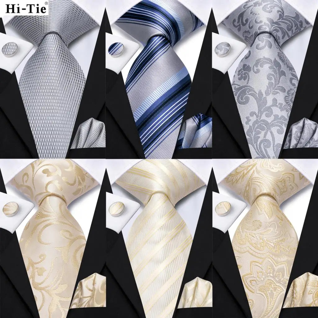 Hi-Tie Champagne Floral Paisley Silk Elegant Tie For Men Groom Wedding Men Necktie Pocket Square Cufflink Accessory Wholesale