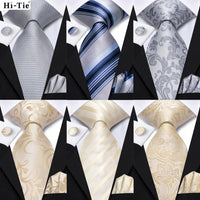 Hi-Tie Champagne Floral Paisley Silk Elegant Tie For Men Groom Wedding Men Necktie Pocket Square Cufflink Accessory Wholesale